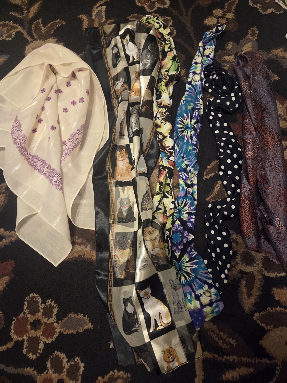 Mixed Pattern Scarf Bundle - Polka Dot, Cat Print, Tie-Dye & Floral